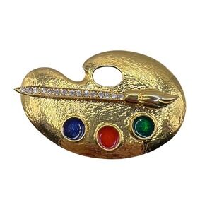 Vintage Gold Tone Artist Palette Brooch Rhinestone Paintbrush Large